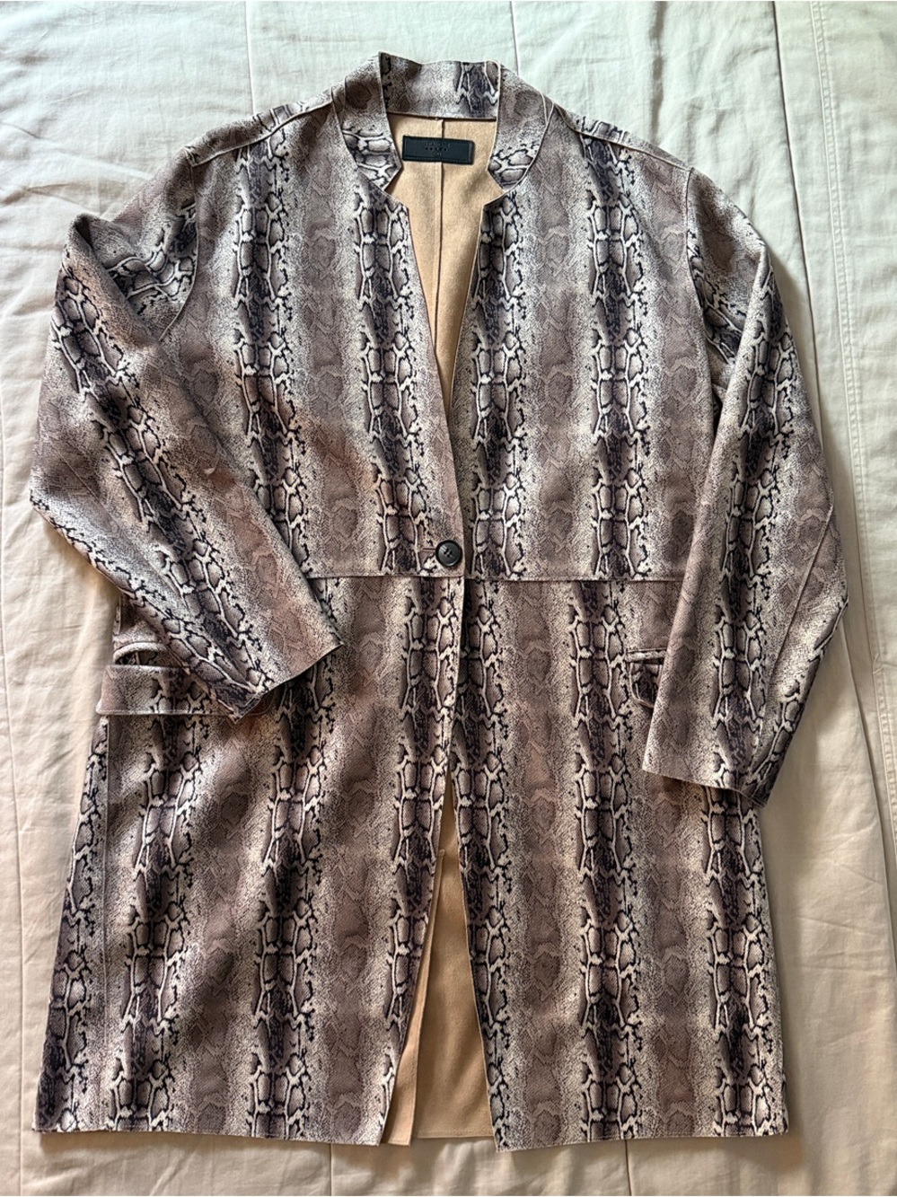 Blank NYC Snake-Print Trench Coat in Taupe and Cream